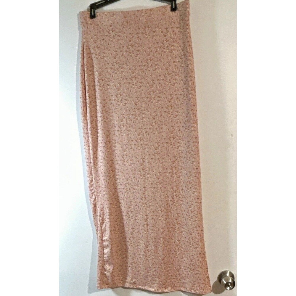 Haute Monde Women's L Pink Floral Maxi Skirt, Long, Pull On, Slit Accent